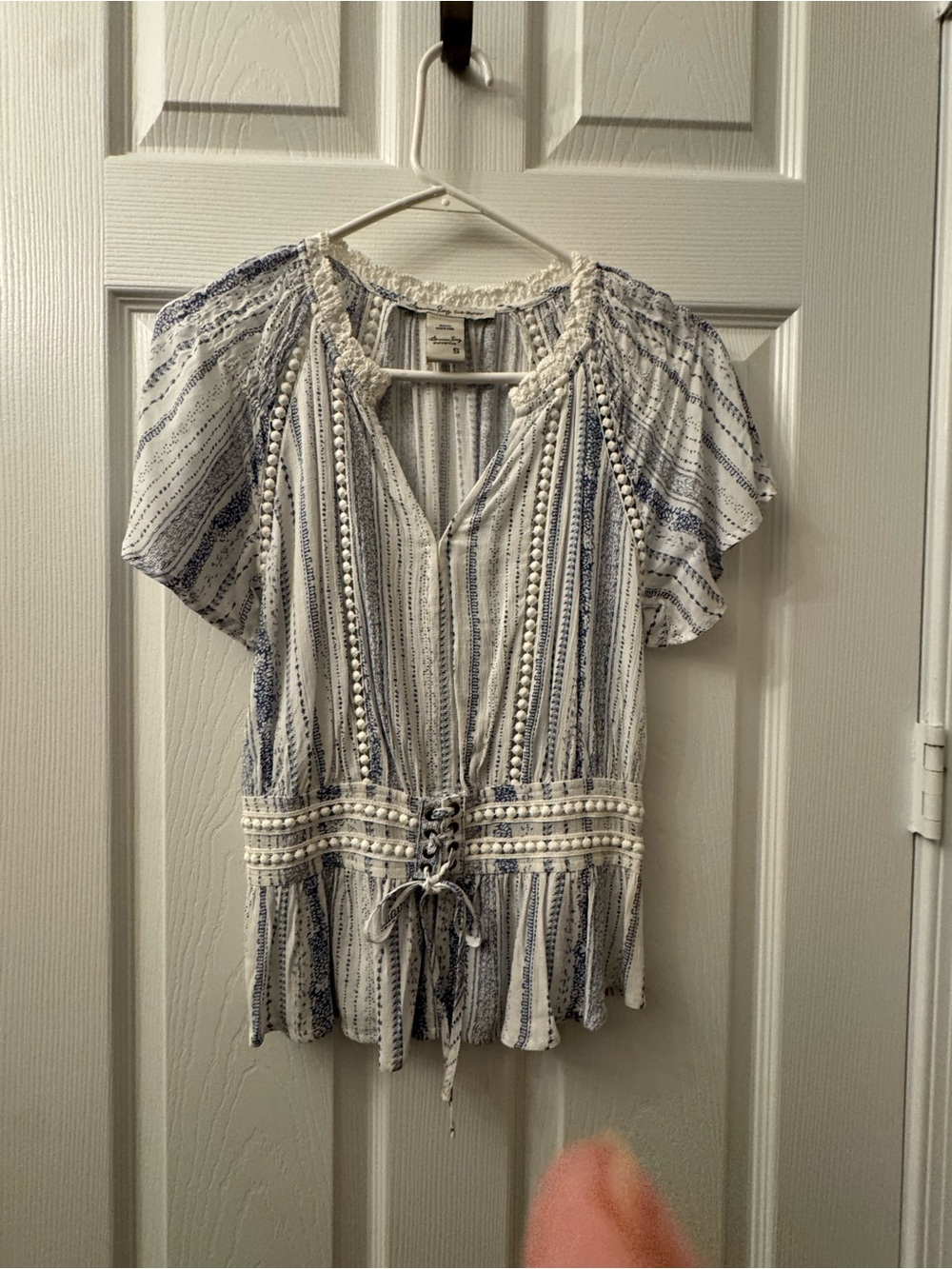 American Rag size S Blue & White Peasant Top